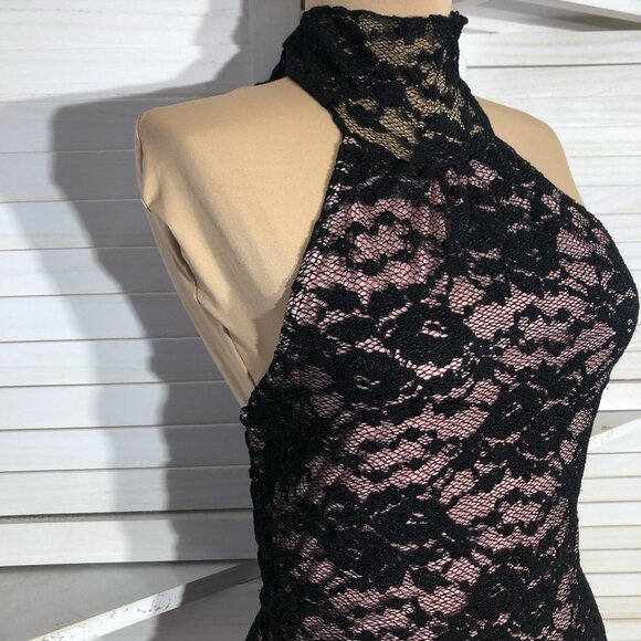 Vintage Y2K Speechless Halter Top High Neck Stretchy Sheer Lace Black Pink Sz S - Picture 10 of 13